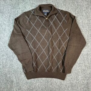 Brooks Brothers Brown Argyle Quarter Zip Extra Fine Italian Merino Wool Sweater